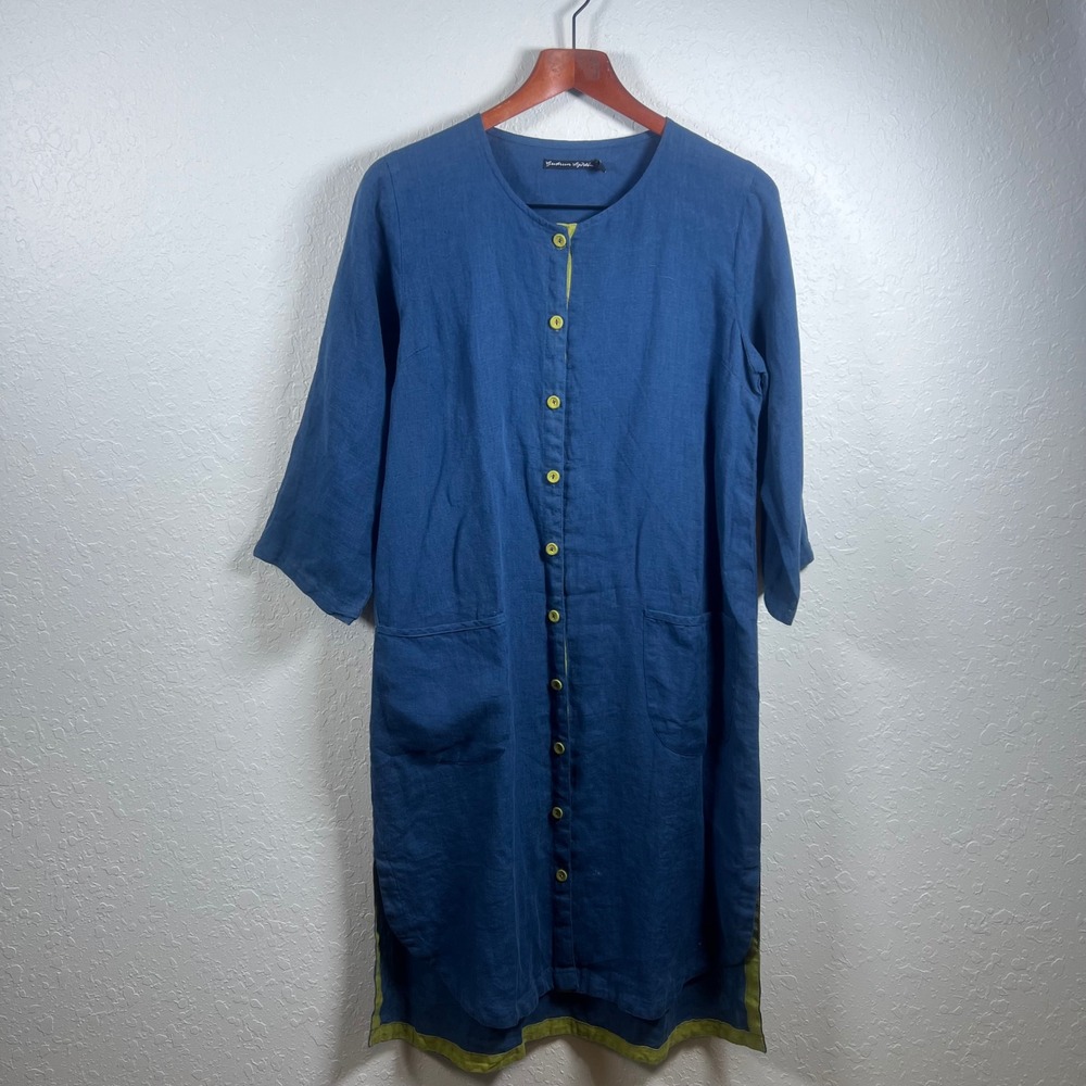 Gudrun Sjoden Linen Tunic Dress Women Lagenlook Button Front S Blue Lime Green